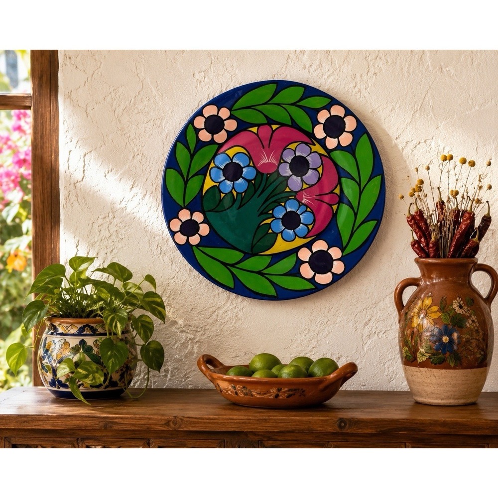 Hand‎ Painted Mexican Talavera Wall Art Terracotta Plate Floral Blue Decor 12"